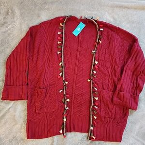 Cupshe Burgundy Knit Cardigan with Multicolor Tassels